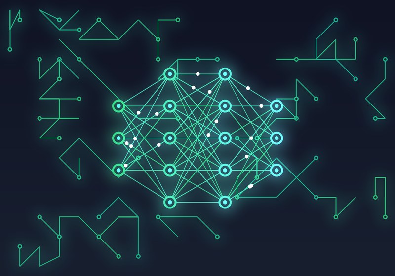 Glowing neural-network graph over circuit traces in TWUniverse green and teal, representing Fractional AI leadership and implementation